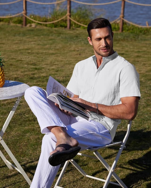 Detalle de YAOBAOLE chemise en lin homme à manches courtes col mao (style henley) pour l’été casual