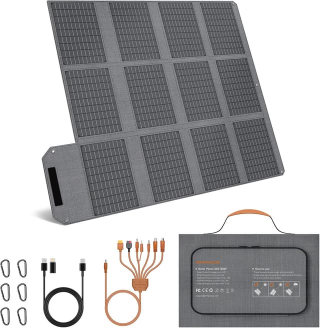 Detalle de 120W faltbares Solarpanel mit 19V Solar-Ladegerät: USB-C, USB-A & DC für Power Stations (IP65)