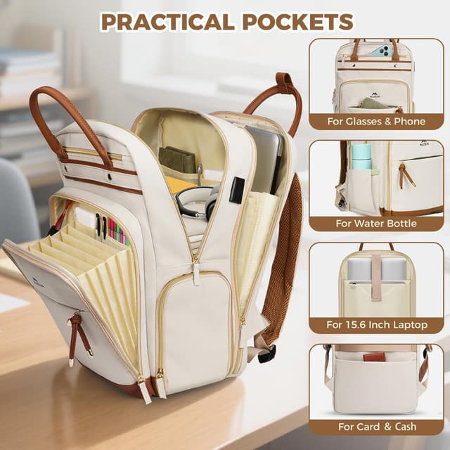 Detalle de MATEIN Laptop-Rucksack Damen 15,6 Zoll (2-in-1) mit abnehmbarem Kühlfach, USB-Ladeanschluss und A5-Dokumentenmappe – Beige