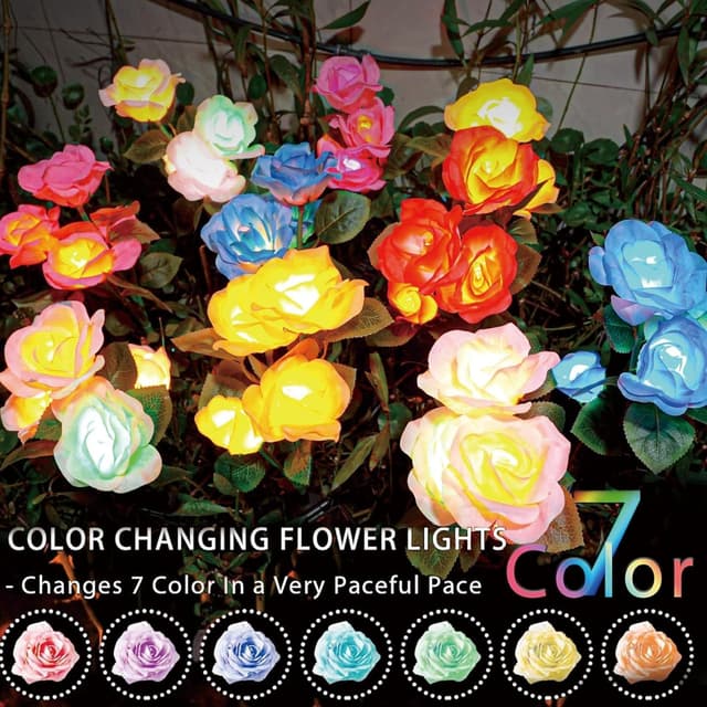 Detalle 2 de DooYard solar garden lights (upgraded version) – 7-colour changing rose lights, 2 pack