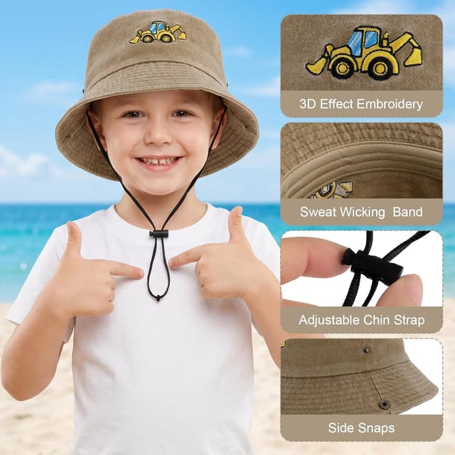 Detalle de ViEinkaufen Kids Bucket Hat with Excavator Design (Beige) – Adjustable Drawstring & Chin Strap Sun Hat for Age 3–8