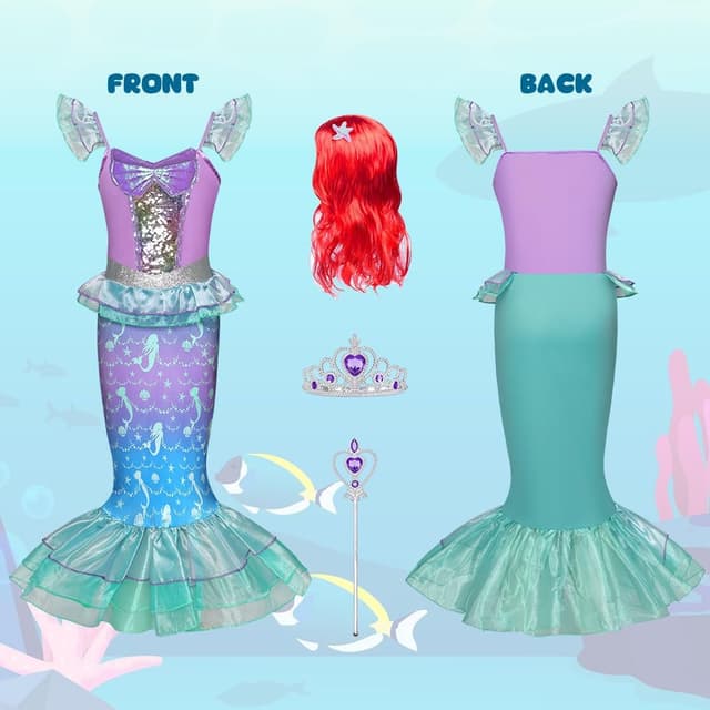 Detalle de AYBUY Vestito Principessa Sirena con parrucca e 3 accessori per cosplay, Halloween e Natale