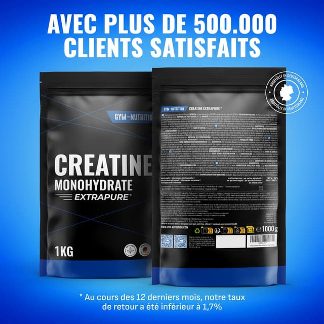 Detalle 2 de Creatine Monohydrate Poudre 1 kg Extrapure® avec inuline (vegan) – fabriquée en Allemagne