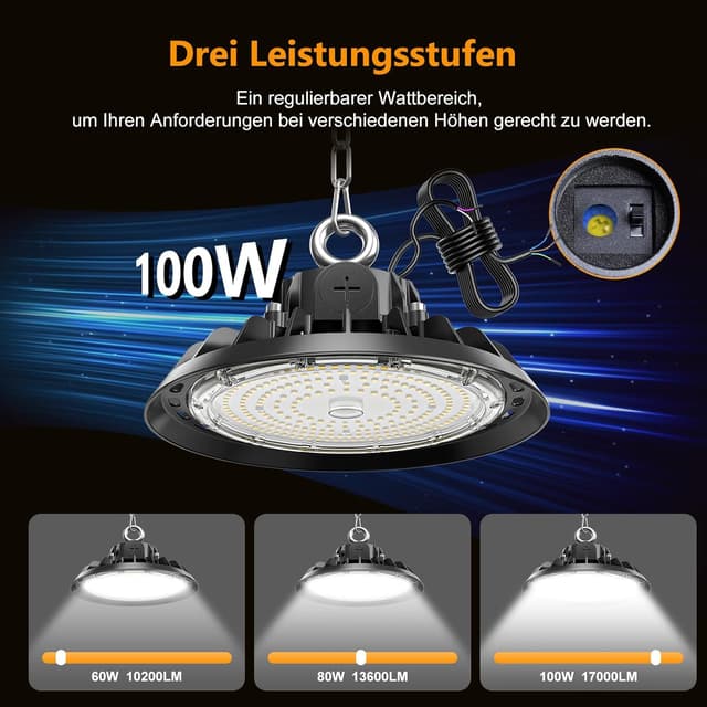 Detalle 2 de RUISUN UFO Hallenstrahler-Set (4 Stück) 100 W, dimmbar, IP65 – 6000 K High-Bay für Werkstatt & Lager