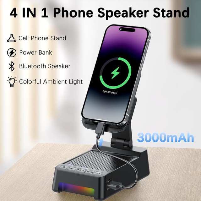 Detalle de Wireless Induction Speaker 5-in-1 Bluetooth Speaker with Phone Stand, 360° LED Rotation, and 3000mAh Power Bank