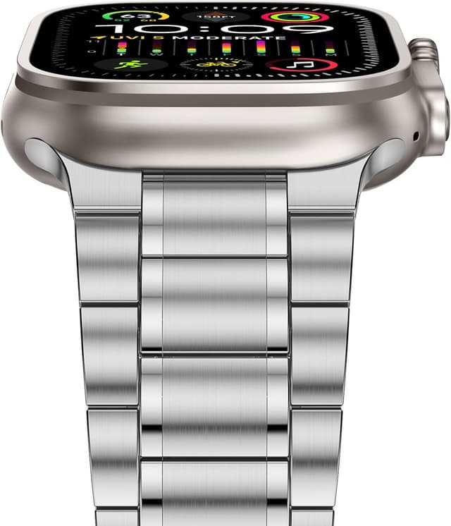 Detalle de Anlinser five-link stainless steel Apple Watch metal strap (49mm–42mm) in Silver