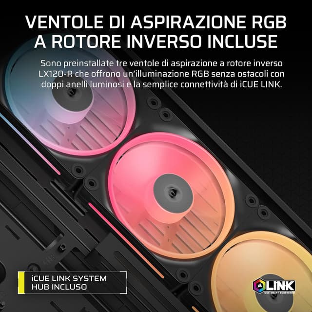 Detalle de CORSAIR Frame 4500X LX-R RGB LINK, mid-tower con vetro panoramico e sistema InfiniRail, include 3 ventole LX120R RGB LINK