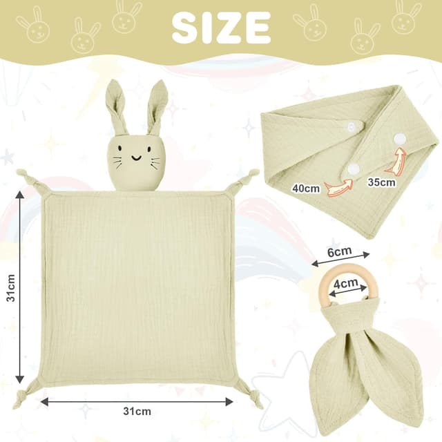 Detalle de Vicloon Doudou Neonato set 3 pezzi coniglio: copertina, bavaglino e massaggiagengive in legno di faggio