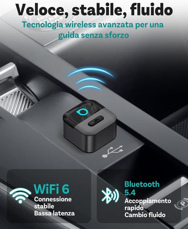 Detalle de Ottocast Mini Pico CarPlay/Android Auto wireless 2026: adattatore USB Plug & Play con dual-channel