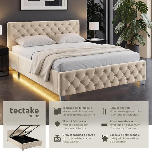 Thumbnail 2 de tectake® Cama Tapizada Terciopelo con LEDs 215x148 cm
