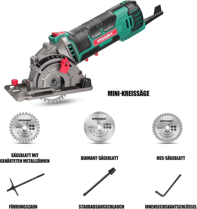 Detalle 2 de HYCHIKA Mini Kreissäge 500 W mit 3 Sägeblättern, 4.500 RPM, 0–25 mm Schnitttiefe