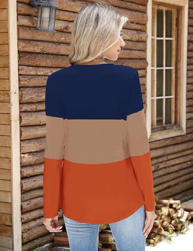 Detalle de EFFAN Women’s Basic V Neck Long Sleeve Striped Colour-Block Top (S–XXL)