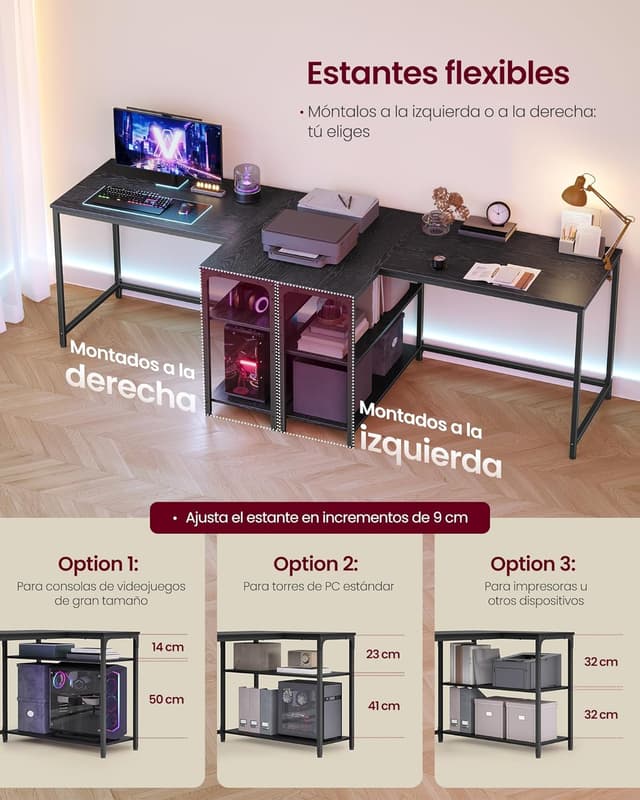 Detalle de VASAGLE Scrivania Angolare a L LWD135BE01 110 x 80 cm con scaffale reversibile e ripiano regolabile in altezza, Nero Ebano