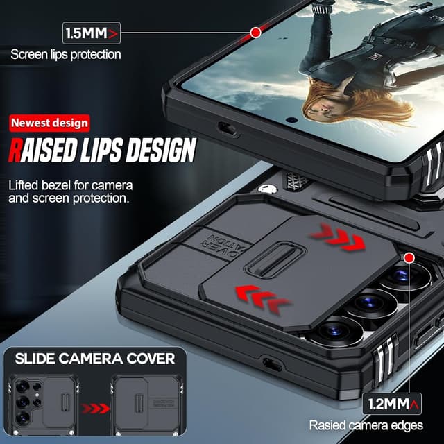 Detalle de LeYi for Samsung Galaxy S25 Ultra phone case with sliding camera lens cover and rotatable ring stand (Black)