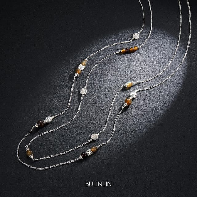 Detalle 2 de Bulinlin Damen lange Perlenkette mit Silber-Anhänger – Statement Halskette aus Modeschmuck