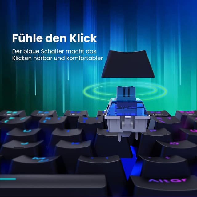 Detalle de Mechanische Gaming-Tastatur QWERTZ mit RGB und Blue Switches (104 Tasten) – USB-kabelgebunden, NKRO, wassergeschützt