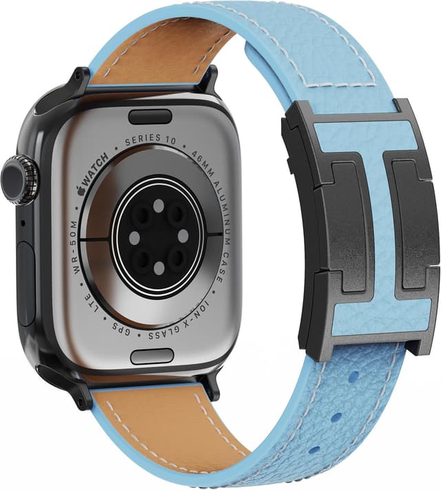 Detalle de Leather Watch Band with Magnetic Buckle for Apple Watch (Ultra/Series/SE) – natural cowhide replacement strap