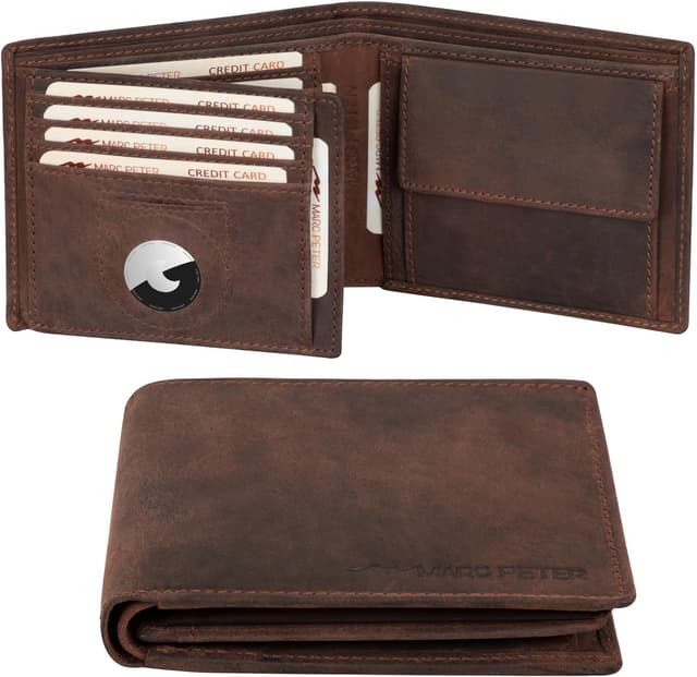 Detalle de Marc Peter® California AirTag Wallet mit Münzfach und RFID-Schutz – Vintage Braun Geldbörse