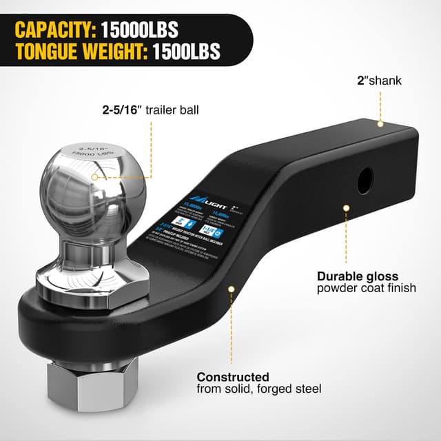 Detalle 2 de Nilight Forged Trailer Hitch Ball Mount (2-5/16-Inch Ball) for 2-Inch Receivers, 15000 lbs Capacity, Gloss Black Finish