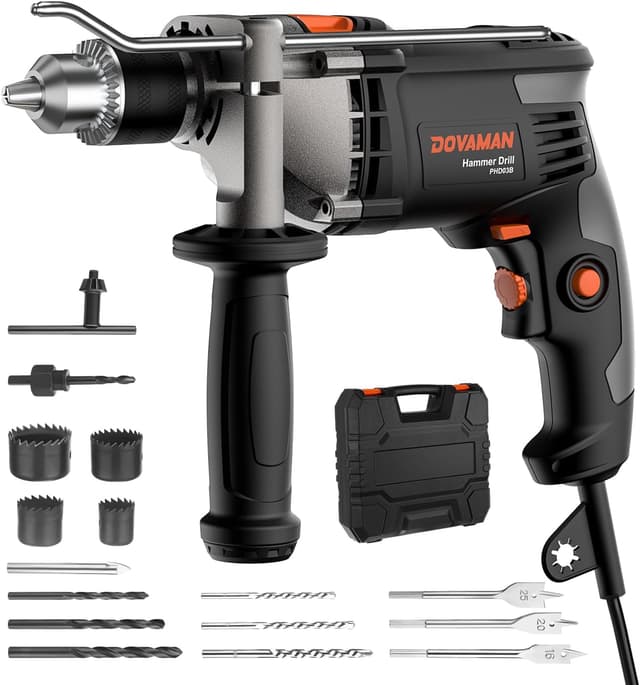 Detalle de DOVAMAN 850W Hammer Drill (corded) with 13mm metal chuck, variable speed up to 3000RPM & 15-piece bit set