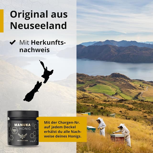 Detalle de Manuka Honig 1000 MGO + 250 g im Glas – laborgeprüft, zertifiziert aus Neuseeland (maorika)