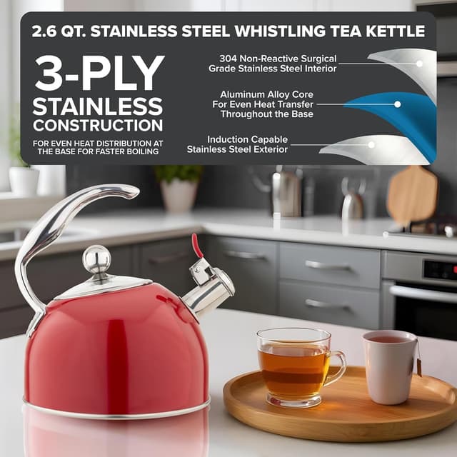 Detalle de Viking 3-Ply Stainless Steel Tea Kettle, 2.6 Quart Whistling Stovetop Pot with Tempered Glass Lid (Red)