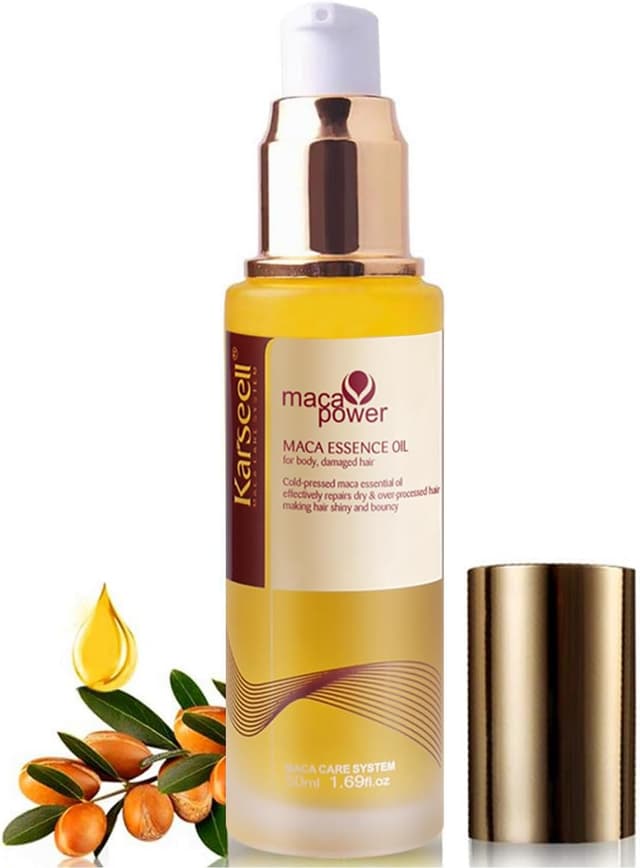 Detalle de Karseell Maca Essence Huile Cheveux à l’argan – huile nourrissante pour cheveux secs et abîmés, tous types, 50 ml