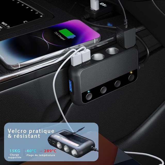 Detalle 2 de Cargador Coche 9-en-1 USB-C PD 30W ⚡ con 3 Tomas
