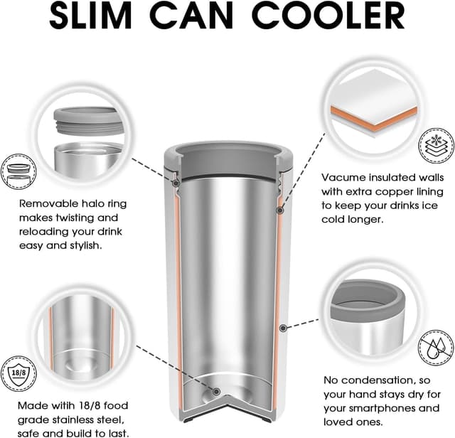 Detalle de TILUCK Skinny Can Cooler (Double-Walled Stainless Steel) for Slim 12 oz Beer & Hard Seltzer Cans