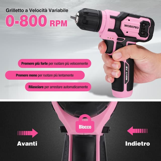 Detalle 2 de WORKPRO cacciavite elettrico a batteria 8V (21 accessori) con velocità variabile e LED rosa