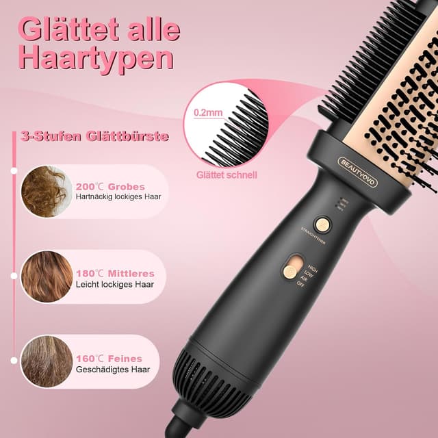 Detalle 2 de BEAUTYOVO 3-in-1 Warmluftbürste (37–200 °C) mit Glättbürste & Ionen, 3 Modi – Schwarz & Champagner