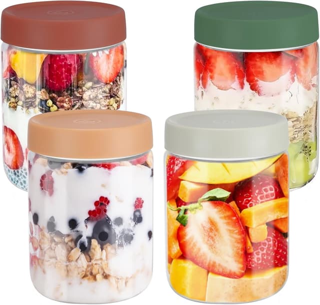 Detalle de YUEYEE 4 Meal Prep Gläser (600 ml) mit Deckeln – für Overnight Oats, Marinaden & Aufbewahrung