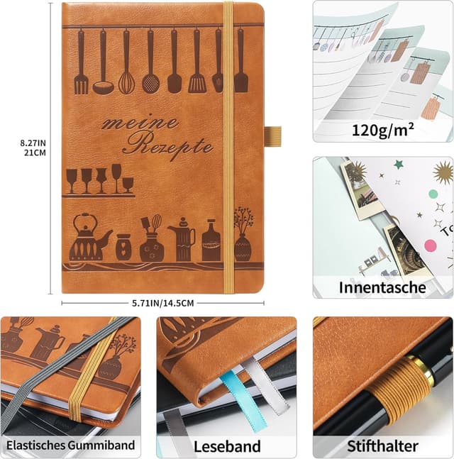 Detalle de Rezeptbuch A5 zum Selberschreiben – Kreatives Koch- & Backbuch mit viel Platz, Register & Inhaltsverzeichnis (Hellbraun)