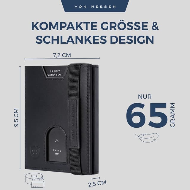 Detalle de VON HEESEN Slim Wallet mit XL Münzfach & RFID-Schutz – Nappa-Leder Kartenetui klein (schwarz, glatt)