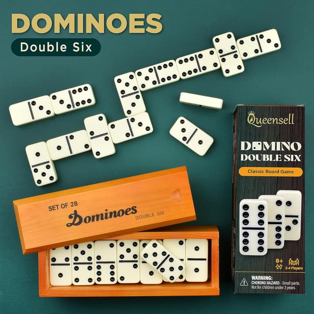 Detalle de Queensell Jumbo Dominoes Set (Double Six) – 28 Large Tiles for Adults, Kids & Travel Board Games