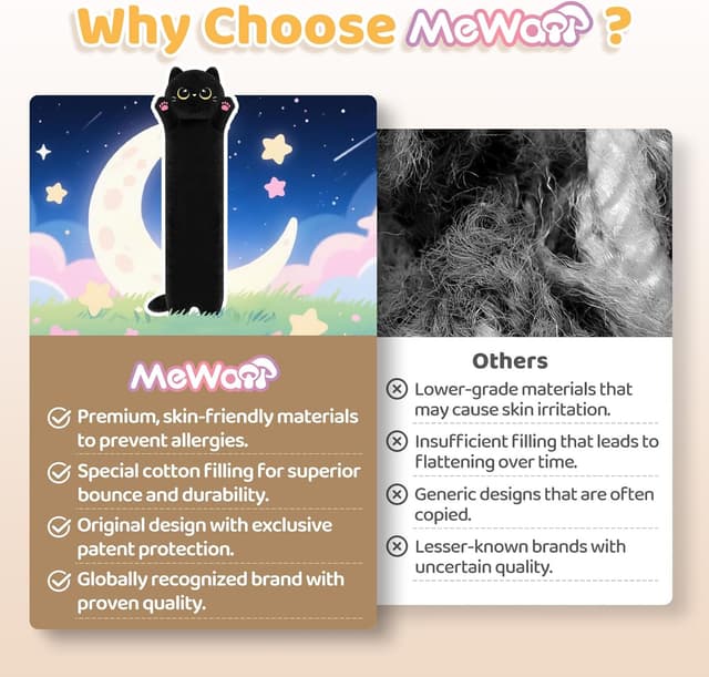 Detalle 2 de Mewaii 44in long cat plush body pillow (Black Cat) for hugging, lounging and sleep