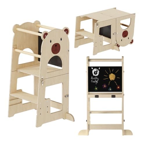Detalle de Buddy Baby Xperimenta: torre de aprendizaje Montessori de madera maciza (2 en 1) con escritorio y taburete