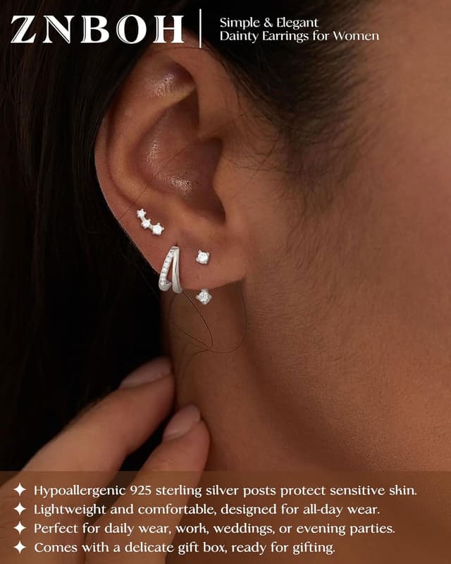 Detalle de Set orecchini ZNBOH in argento 925 (3 paia) con zirconi: cerchietti e farfalle/quadrifoglio per fori multipli