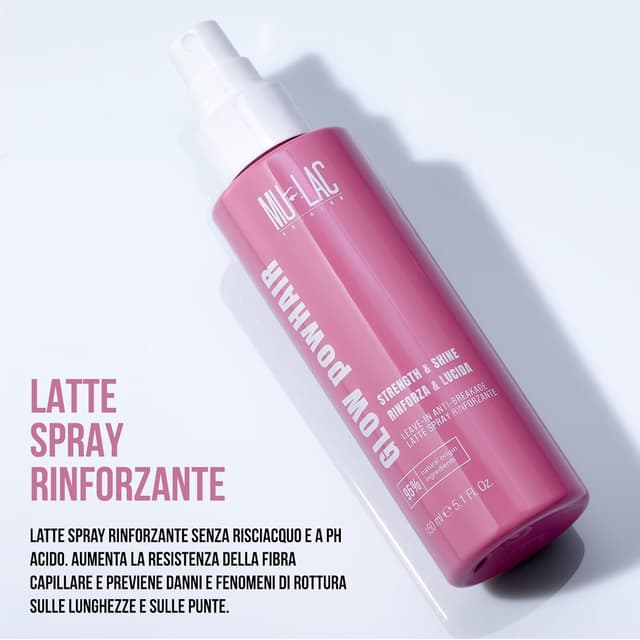 Detalle 2 de MULAC Glow Powhair Latte Spray Rinforzante Leave-in Anti-Breakage a pH acido, senza risciacquo (150 ml)