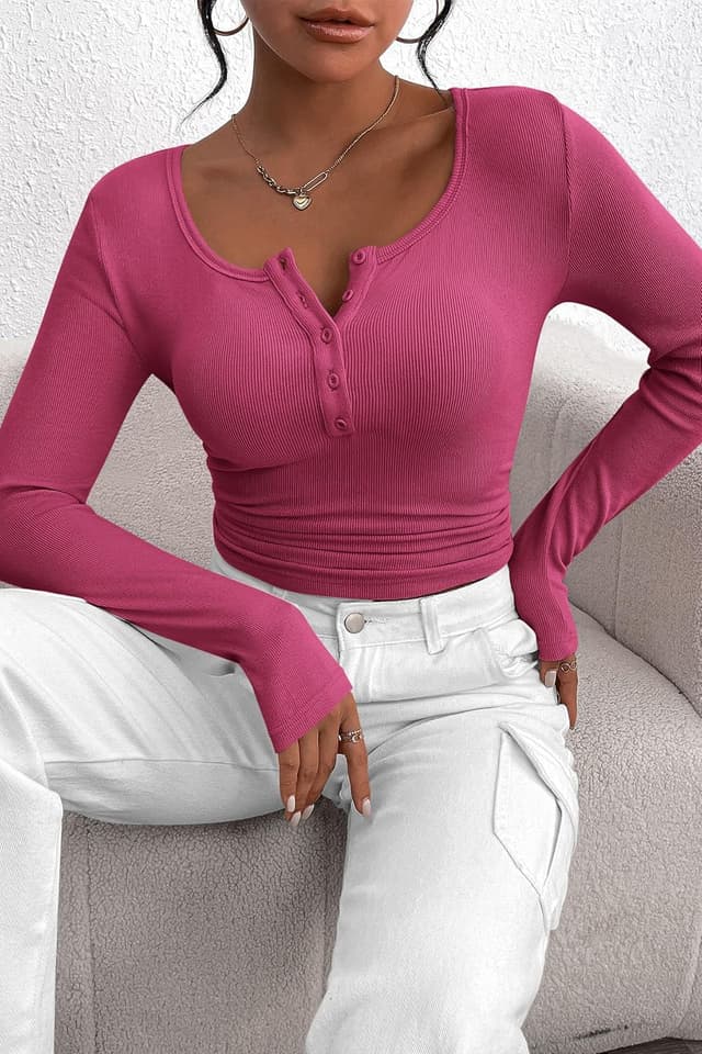 Detalle de Zeagoo T-shirt manches longues femme à col rond en tricot côtelé, coupe ajustée