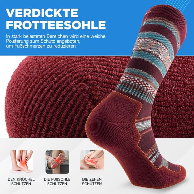 Detalle de PULIOU Merino Wandersocken (3 Paar) – atmungsaktive Outdoor-Trekkingsocken mit Polsterung