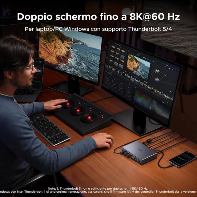 Detalle de UGREEN Maxidok Thunderbolt 5 Docking Station Revodok 10 in 1 con 2×TB5 120Gbps, DisplayPort 8K60 e RJ45 Gigabit