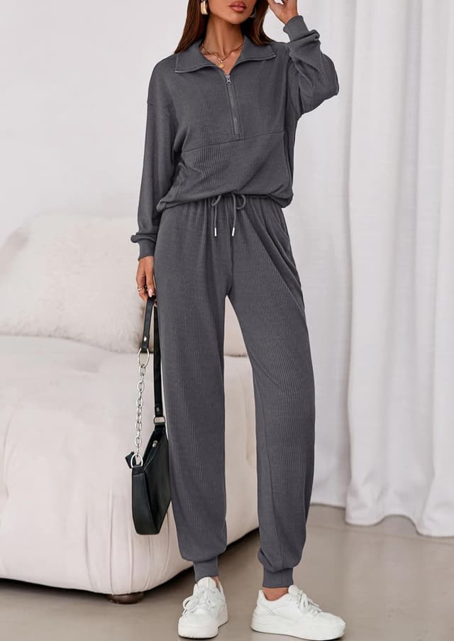 Detalle 2 de PRETTYGARDEN Women’s Fall 2-Piece Lounge Set (Half-Zip Sweatshirt & Drawstring Joggers)