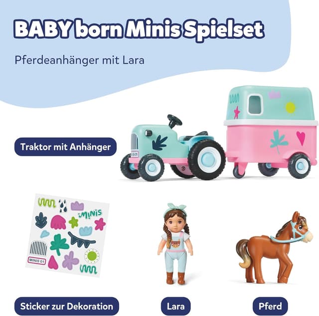 Detalle 2 de Baby born Minis Pferdeanhänger-Spielset mit Mini-Puppe Lara, Traktor, Anhänger & Pferd (ab 3 Jahren)