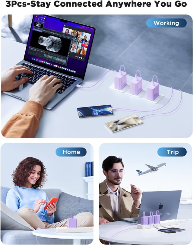 Detalle de 45W PD 3.0 iPhone Charger with Super Fast USB-C Cable (6FT/10FT/10FT) — Purple