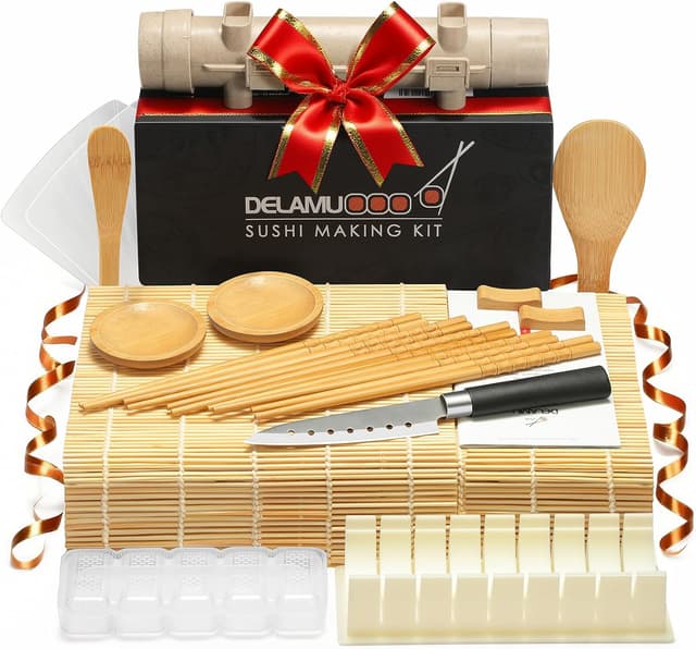 Detalle de Delamu Delamu Sushi Making Kit (20-in-1) with Bazooka Roller, Chef’s Knife, Bamboo Mats & Rice Tools