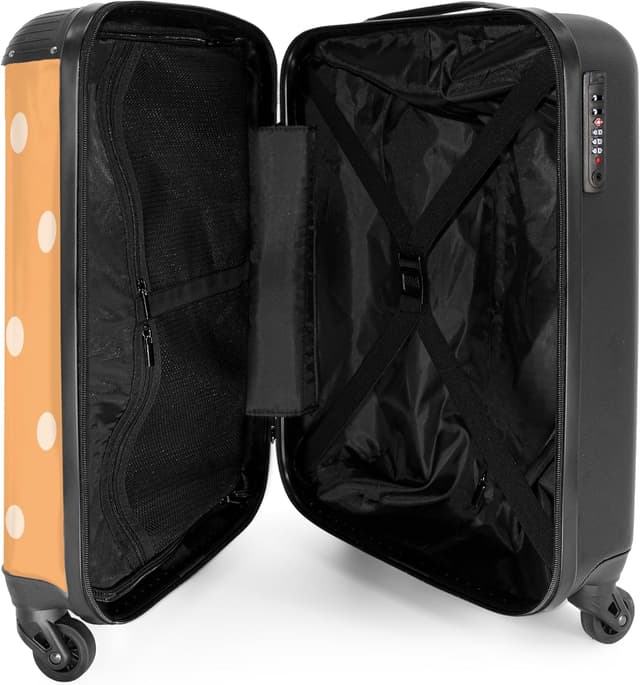 Detalle de NoBoringSuitcases.com Handgepäck-Koffer Trolley 55×35×20 cm mit 4 Rollen – Hartschale mit Zahlenschloss (Punkte, Orange/Weiß)