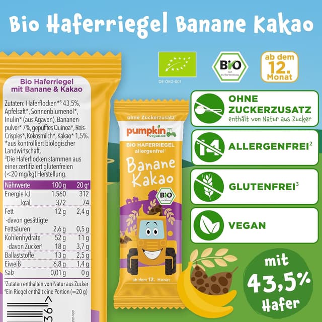 Thumbnail 1 de Pumpkin Organics Bio Haferriegel Banane Kakao (18x20g) 🍪