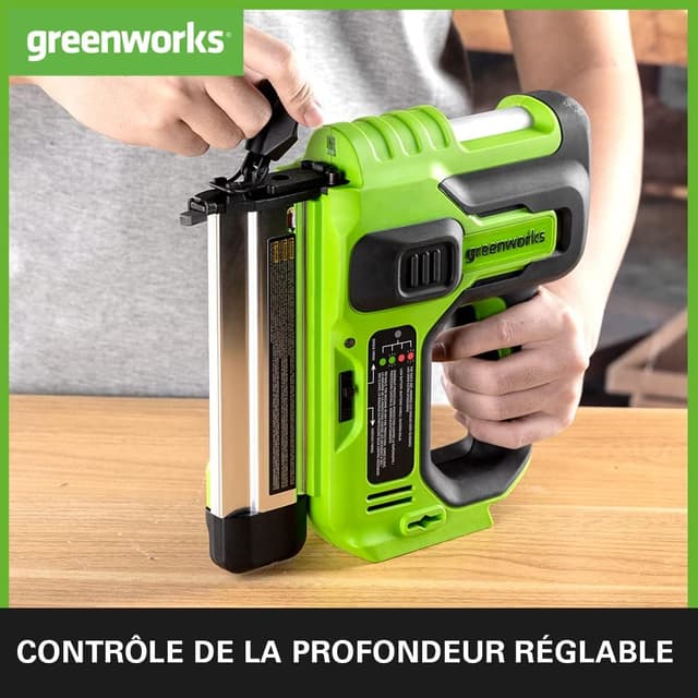 Detalle de Greenworks GD24BN cloueuse électrique sans fil 18GA, capacité 110 clous, 110 pcs/min (outil seul)
