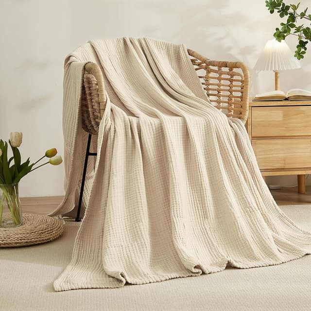 Detalle de EMME grande couverture en coton doux 230 x 230 cm pour lit Queen Size, toutes saisons, beige
